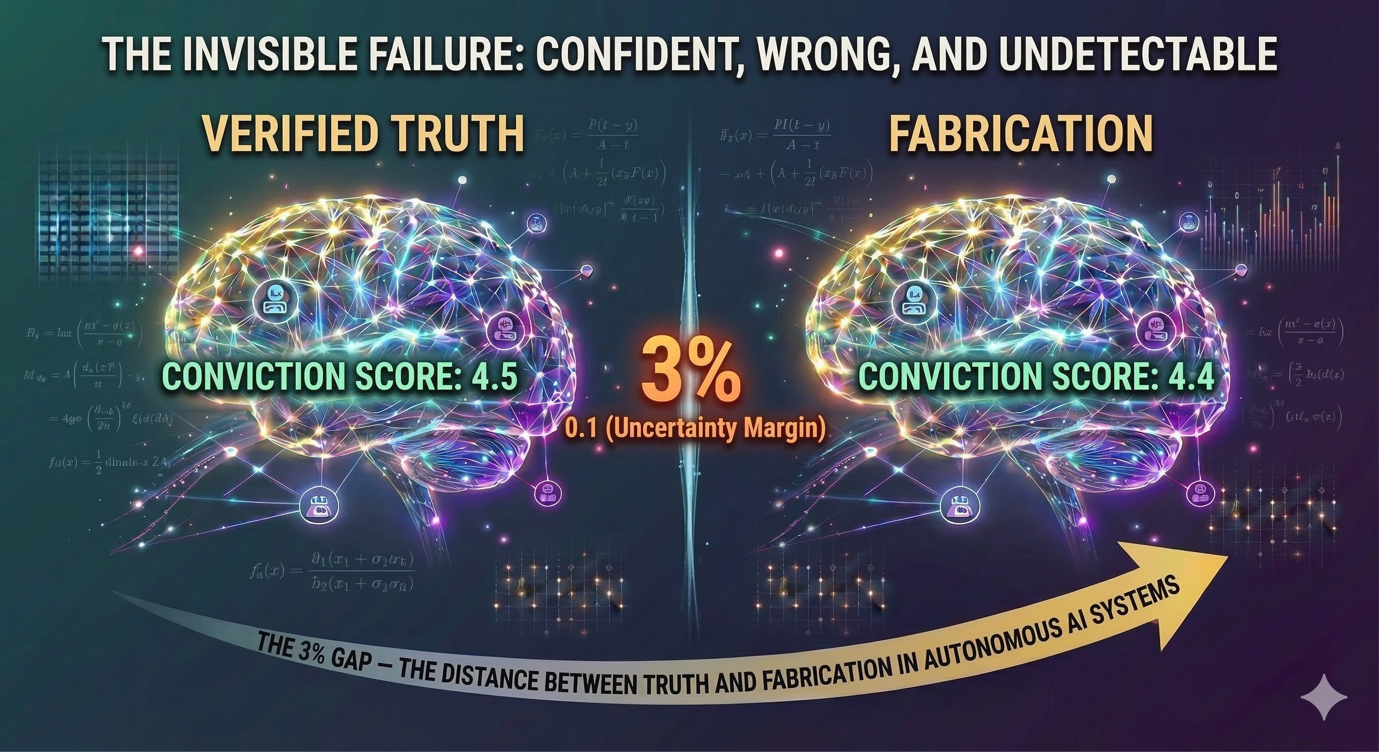 Bar chart comparing conviction intensity scores for fabricated and true claims on a five-point scale. Fabricated claims score 4.4 and true claims score 4.5, showing a minimal difference. The chart background is dark, matching the website theme, and the visual tone is analytical and neutral. Text in the image reads Conviction Intensity Scale, Fabricated 4.4, True 4.5.
